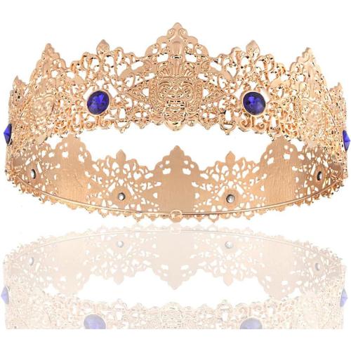 Diadème Doré Pour Homme - Couronne Impériale Médiévale En Cristal - Costume De Concours De Beauté Pour Mariage, Halloween, Costume D'anniversaire, Festival De Musique (Bleu)