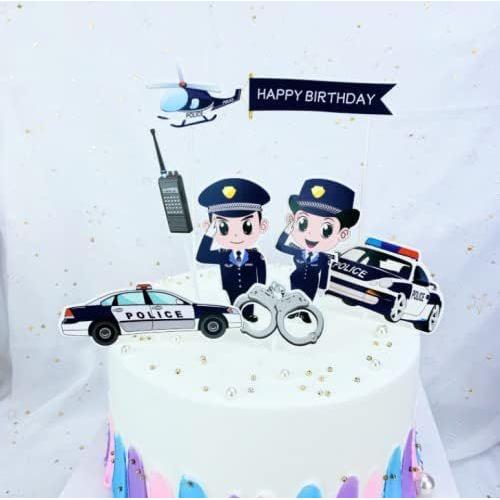 Lot De 7 Décorations De Gâteau De Police Pour Voiture « Happy Birthday » Ou « Police Officier » - Pour Fête D'anniversaire Ou Fête Prénatale