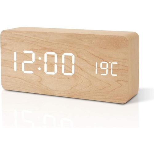 Horloge de table en bois - R¿¿veil num¿¿rique LED - Horloge sur pied avec date, temp¿¿rature et port USB - Fonctionnement ¿¿ piles - Bambou - Blanc