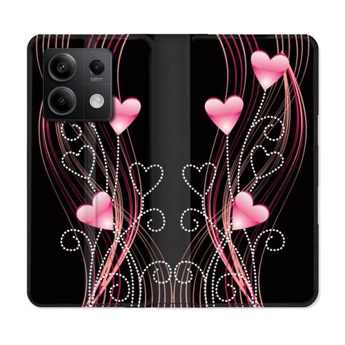 Housse Cuir Portefeuille Pour Xiaomi Redmi Note 13 Pro 5g Amour Coeur Rose Montant Sur Noir