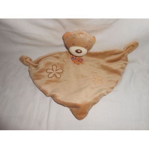 Doudou Ours Plat Marron Beige Ecru Broderies Fleurs Baby Club C&a Triangle 2 Noeuds Grelot Echarpe Raye Multicolore Bleu Orange Rouge