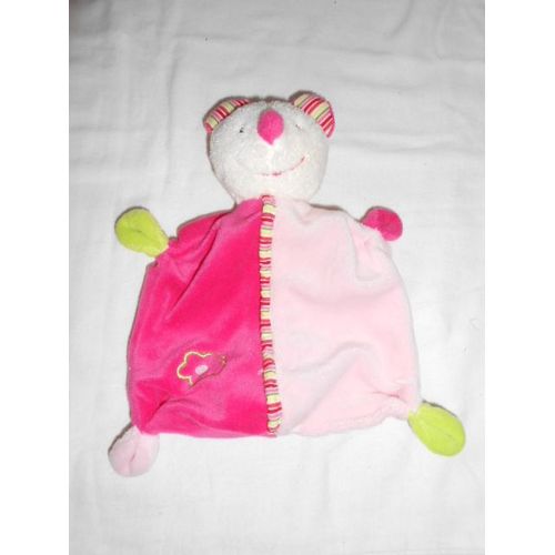 Doudou Peluche Souris Ours Plat 4 Noeuds Raye Rose Fuchsia Fushia Baby Club C&a Broderie Fleur