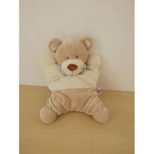 Doudou Ours Beige Blanc Bleu Pommette
