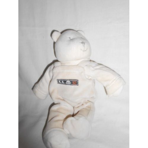 Doudou Ours Berlingot Avec Son Pyjama Salopette Broderie Bleu Avec Bateau Gris Beige