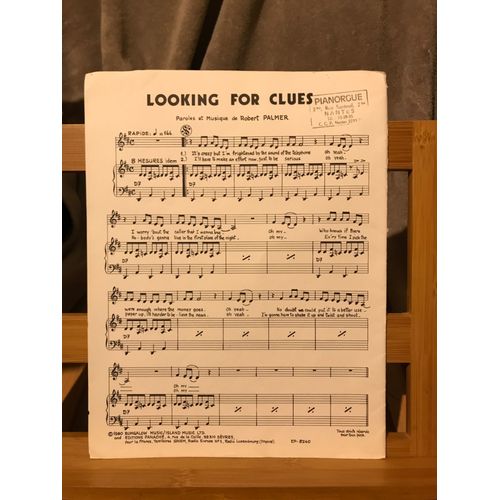 Robert Palmer Looking For Clues Partition Chant Piano Accords Éd. Bungalow 1980
