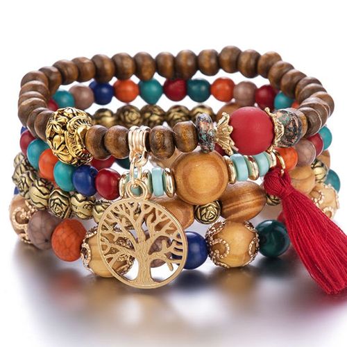 Bracelet Perlé Manuel Multicouche De Style Ethnique Bohème, Accessoires, Plume D'éléphant, Petit Pendentif, Gland Élastique, Nouveau