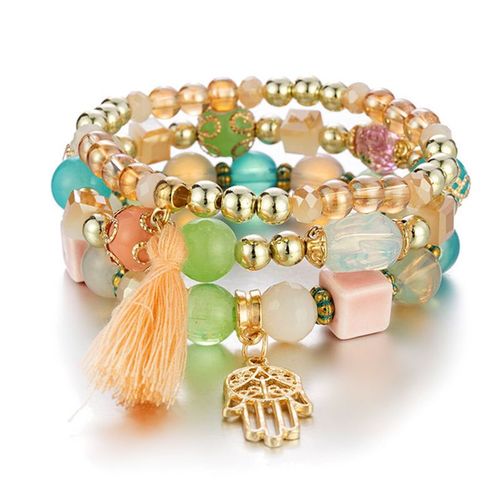 Bracelet Perlé Manuel Multicouche De Style Ethnique Bohème, Accessoires, Plume D'éléphant, Petit Pendentif, Gland Élastique, Nouveau