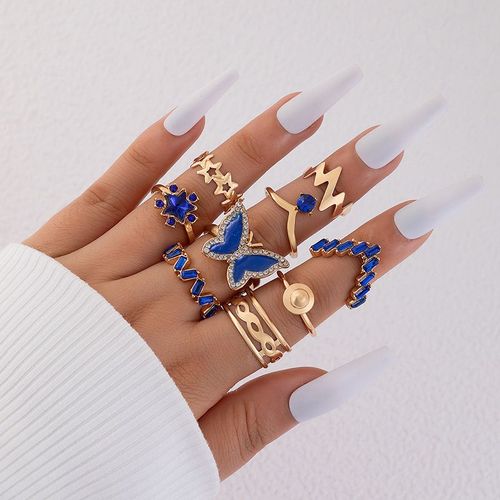 Ensembles D'anneaux D'li-Vintage Pour Femmes, Boho Zcomprend Sur Papillon Perle Géométrique, Matiques De Figure Féminine, Cristal Bleu, Cadeau De Bijoux, 2023