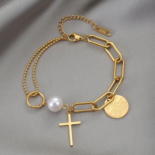 Bracelet Croix Perle Vintage Pour Femme, Double Couche, Perle Ronde, Pendentif Portrait, Bijoux Hip Hop, Acier Au Titane, Cadeau, 216.239.