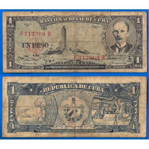 Cuba 1 Peso 1957 Jose Marti Pesos Billet