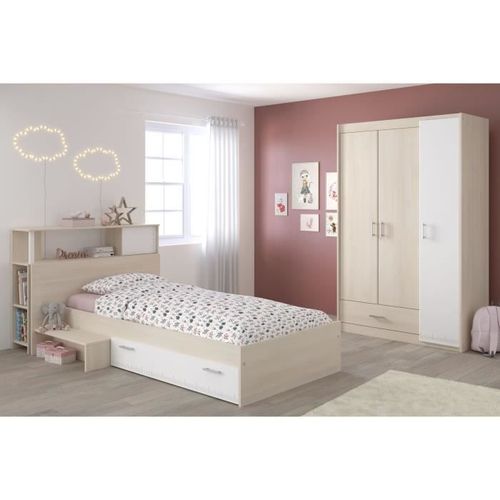Charlemagne Chambre Enfant Complete - Tete De Lit Lit Armoire - Style Contemporain - Décor Acacia Clair Et Blanc