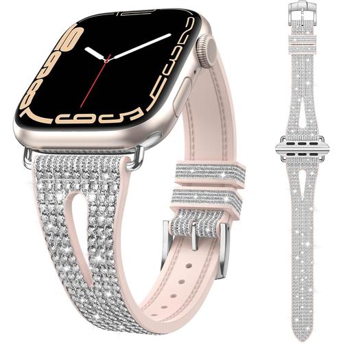 Argent Bracelet À Paillettes Pour Bracelets Apple Watch 41mm 40mm 38mm, Watchband Réglable Wristband En Strass Pour Femme Et Filles,