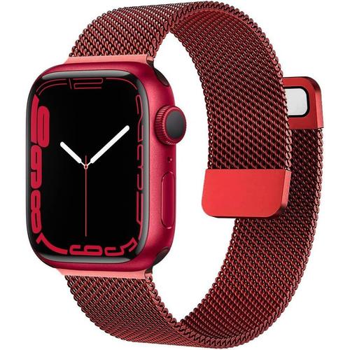 Rouge Bracelet En Métal Compatible Avec Apple Watch 38 Mm, 40 Mm, 41 Mm, 42 Mm, 44 Mm, 45 Mm, En Acier Inoxydable - Fermeture