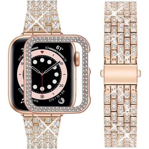 Or Rose Compatible Bracelet Apple Watch 38mm, Bling Métal Femme Brillant Bracelet De Montre Avec Protective Coque, Remplacement De