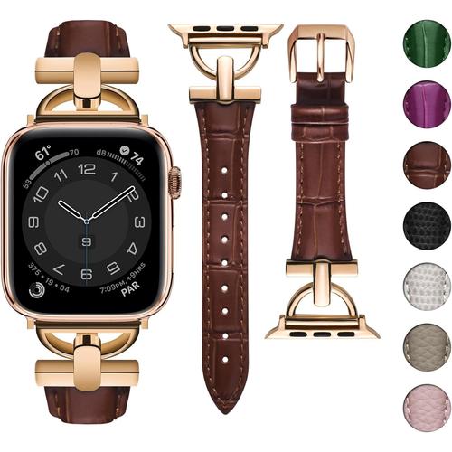 Rouge Marron+Or Rosé Compatible Bracelet Apple Watch 42mm 44mm 45mm 49mm Boucle Métal En Forme De D Cuir Bracelet Iwatch Pour