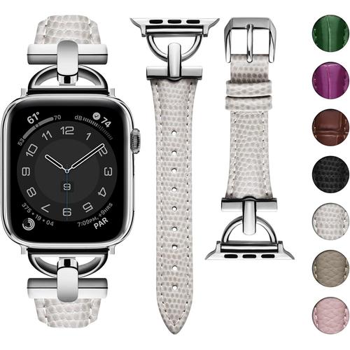 Lumière Stellaire+Argent Compatible Bracelet Apple Watch 38mm 40mm 41mm Femme Boucle Métal En Forme De D Cuir Véritable