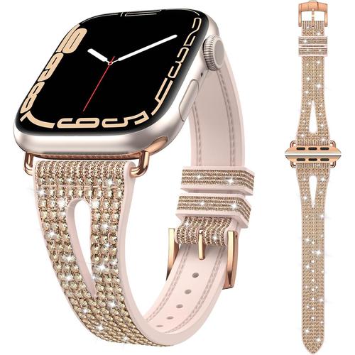 Or Rose Bracelet À Paillettes Pour Bracelets Apple Watch 41mm 40mm 38mm, Watchband Réglable Wristband En Strass Pour Femme Et