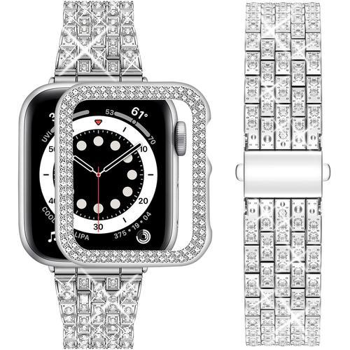 Argenté Compatible Bracelet Apple Watch 38mm, Bling Métal Femme Brillant Bracelet De Montre Avec Protective Coque, Remplacement