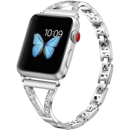 Argent V (38 Mm/40 Mm/41mm) Est Compatible Avec Apple Watch 41 Mm 40 Mm 38 Mm Bande Métallique Bling Réglable Avec Strass Pour