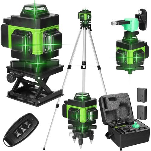 Vert Niveau laser 4 x 360°, niveau laser 4D 16 lignes à nivellement automatique, niveau laser avec trépied, piles 2400 mAh x 2, hauteur réglable sur 3 niveaux, s'adapte à plupart des niveaux laser de