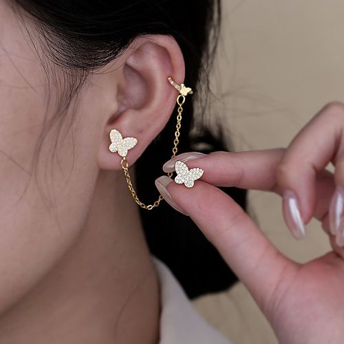 Boucle D'oreille Papillon En Cristal Argenté Scintillant Pour Femmes, Clip En Os Pour Féerique, Doux Et Exquis, Bijoux De Mariage