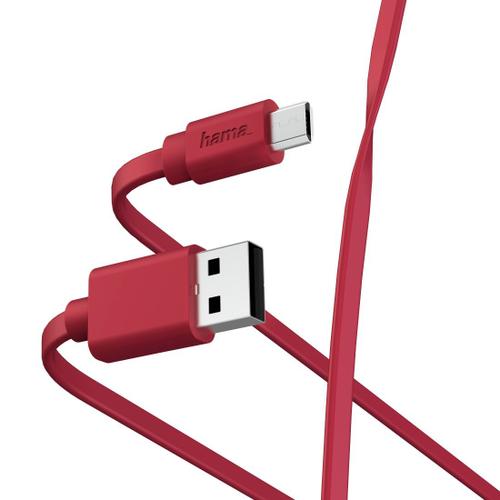 Câble de charge/données "Flat", USB-A - micro-USB, 1 m, rouge