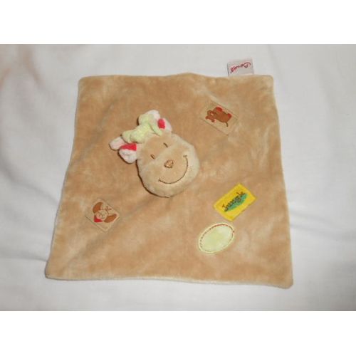 Doudou Girafe Elephant Cochon Vache Plat Carre Marron Beige Creme Noeud Vert Oreille Rouge Rose Gris Hippopotame Etiquette Jungle Bengy Amtoys
