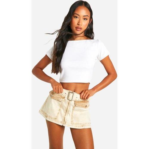Belted Zip Through Patch Pocket Denim Micro Mini Skirt - Beige - 12
