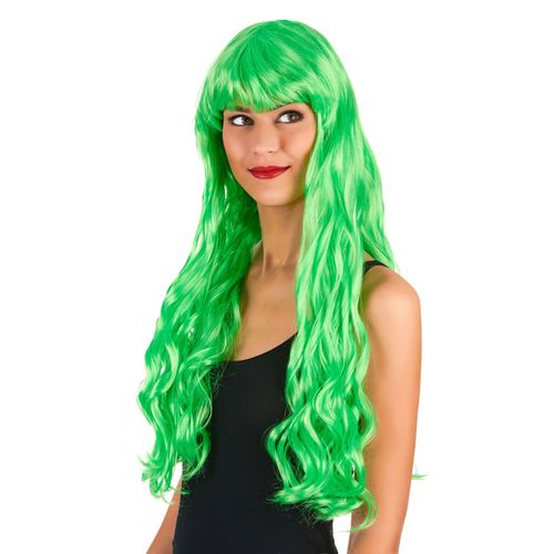 Perruque Longue Ondulée Vert Fluo Avec Frange Femme