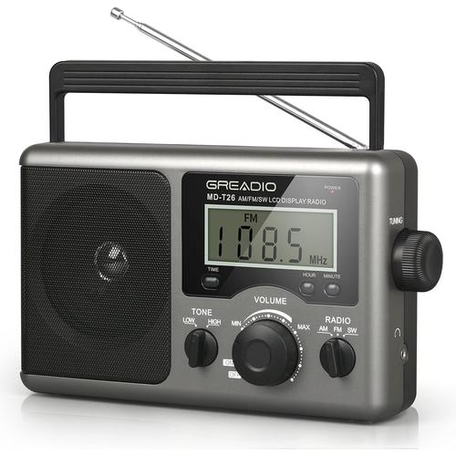 gris Radio portable à ondes courtes avec meilleure réception, transistor AM FM, écran LCD, réglage de l'heure, fonctionne avec 4 piles D ou alimentation CA, grand haut-parleur, prise casque pour