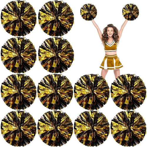 Noir/Doré Lot De 12 Pompons De Pom-Pom Girl En Feuille Métallique Avec Poignée Baton Cheer Squad Team Spirited Fun Pour Fête, Sport, Danse, Cheer, 30,5 Cm, Poids De 50 G Chacun (Noir Et Or)