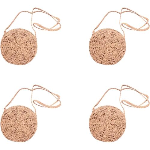 4X Panier Tissé de Paille de Crochet de Rotin Sac À Main Sac À Main Rond de Plage de Sac À Main de Cercle de Sac À Bandoulière Rond (Brun Clair)