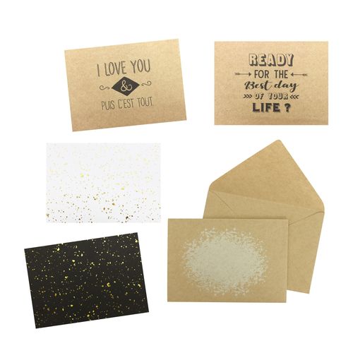 Carte Illustrée Kraft Noir Et Blanc Et Doré Avec Enveloppe 4 Pièces