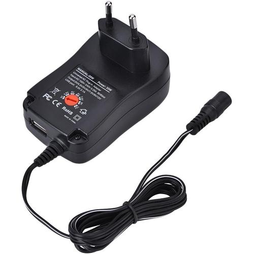 Adaptateur Secteur Adaptateur Secteur AC Noir Adaptateur Secteur Universel AC DC Alimentation 5V 2.1A Port USB 6 Embouts 30W 3V 4.5V 5V 6V 7.5V 9V 12V Us (Prise UE)