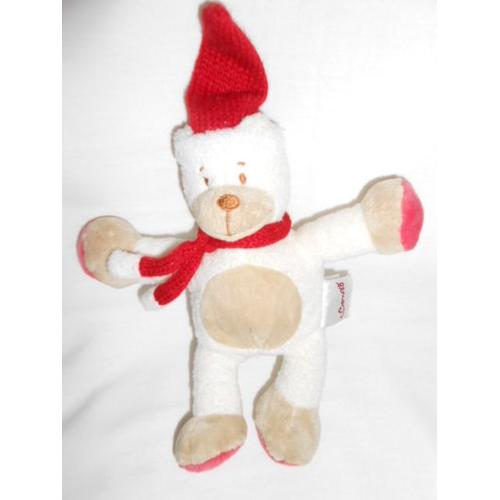 Doudou Peluche Chien Ours Bengy Amtoys Bonnet Echarpe Tricot Rouge Bille Dans Le Corps Beige Ecru Taupe Marron Creme 2006 27cm