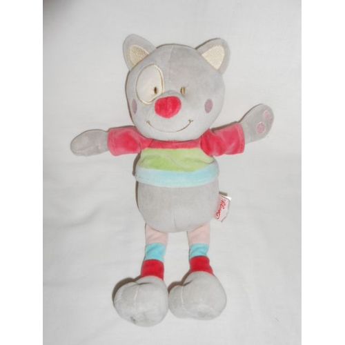 Doudou Peluche Chat Gris Doudou Bengy Charline Binz Nez Rouge Pull Rose Vert Bleu 30 Cm Amtoys Cocard 2007
