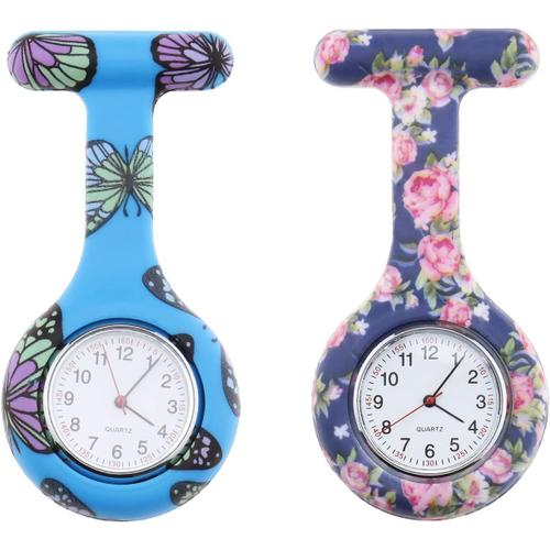 Lot De 2 Montres D'infirmière En Silicone Avec Broche À Suspendre Avec Aiguille Des Secondes Pour Femme, Bleu Ciel, Papillon, Bleu Foncé, Rose