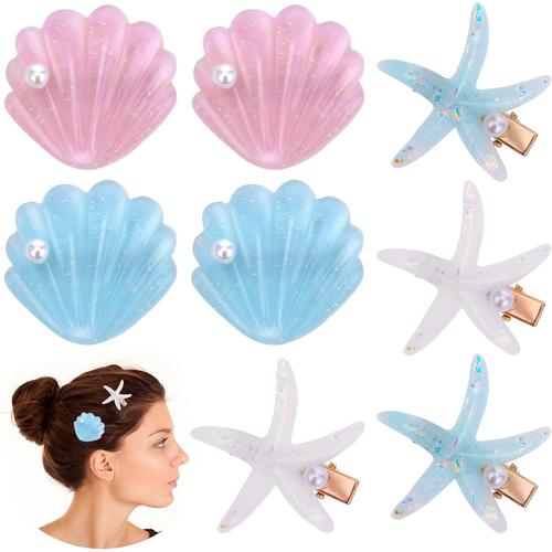 Lot De 8 Pinces À Cheveux En Forme D'étoile De Mer Et Coquillages De Princesse À Paillettes, Épingles À Cheveux Crocodiles Pour La Plage, Accessoires De Coiffure Pour Femmes Et Filles, Fête 