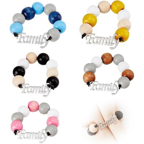 5 Pcs 5 Couleurs Perles En Bois Ronds De Serviette À La Main Porte Serviettes Anneaux Avec Lettre Tag Porte Serviettes Ornements Mot Famille Bois Perlé Rond De Serviette