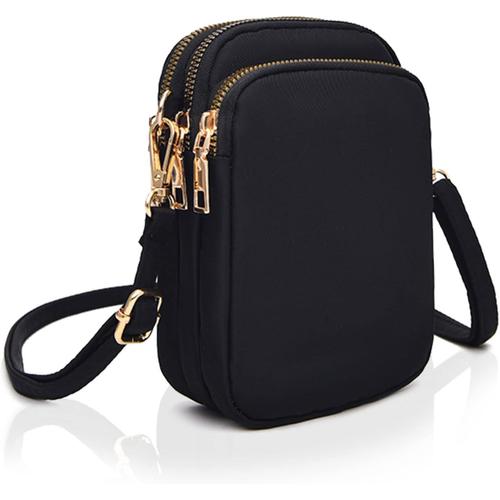 Sac Bandoulière Sacoche Femme,Nylon Pochette portefeuille telephone,Passport Portefeuille Mini Sac à Main Multifonctionnel,Sangle réglable de poche de tirette de 3 couches (Black)