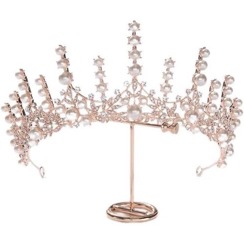 Diadème baroque rétro avec perles de cristal et strass - Accessoires pour cheveux pour mariée, reine, princesse, filles, pour mariage, anniversaire, concours de beauté (doré)