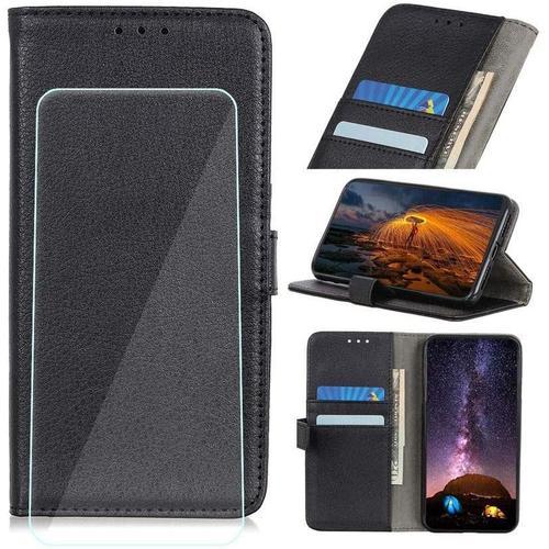 Pour Asus Zenfone 6 M2 Zs630kl Etui En Cuir + Verre Trempé, Coque En Cuir Pu Housse Fonctions Emplacements Pour Cartes, Wallet, Support, Couleur Noir