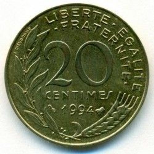 France = Pièce De Monnaie De 20 Centimes De Francs, Type Marianne, Graveur Dieudonné Et Lagriffoul, Année 1994, Variété Abeille