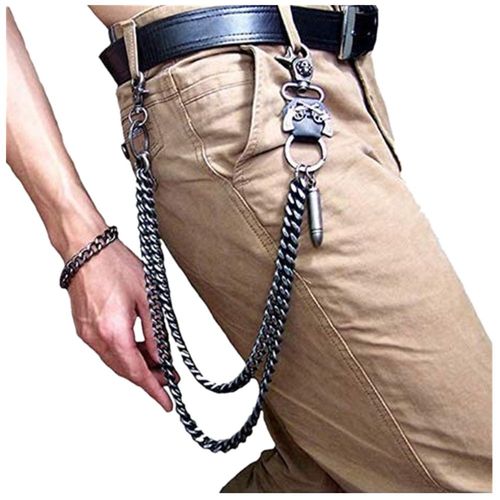 Envoie De France Chaine Pantalon Métal Noir Gris Porte Feuille Clés Anneaux Balle Gun Corne Cuir Skull Tête Mort Motard Punk Gothique Goth Biker Squelette