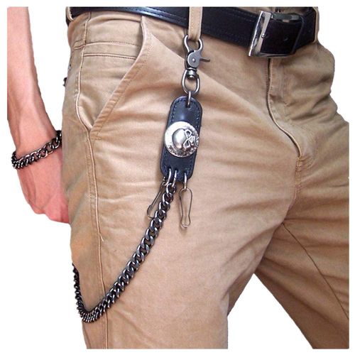 Envoie De France Chaine Pantalon Métal Noir Gris Porte Feuille Clés Anneaux Balle Gun Corne Cuir Skull Tête Mort Motard Punk Gothique Goth Biker Squelette