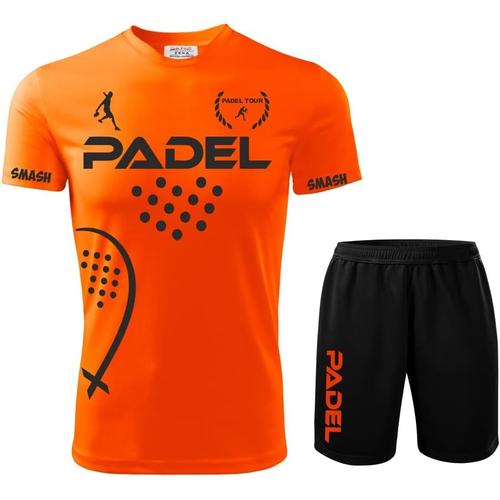 Orange/Noir Kit Maillot Short Fluorescent Padel T-Shirt Paddle World Smash Tennis Compétition