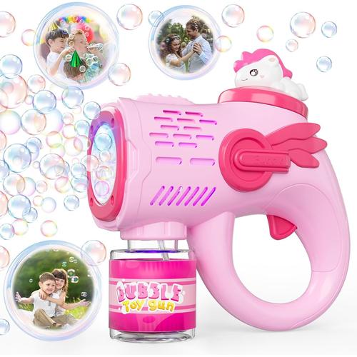 Rose Licorne Pistolet A Bulle Led + 200ml Liquide A Bulle, Rose Machine A Bulles Jouet Enfant 3 Ans+, Pistolet À Bulles Jeux Exterieur Enfant Cadeau Fille Garcon, Machines À Bulles De Savon Mariage