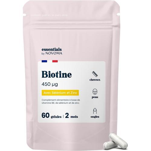 Essentials By Novoma - 60 Gélules Biotine Avec Sélénium Et Zinc, Accélère La Pousse Des Cheveux, Cure De 2 Mois, 60 Gélules Végétales, Complément Alimentaire De Vitamine B8, Fabriqué En France,