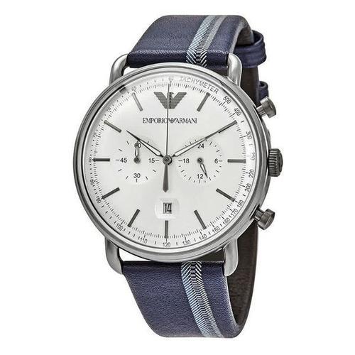 Emporio Armani Ar11202 Men's Silver Sunray Dial Blue Leather Watch