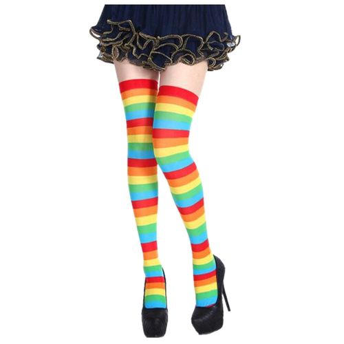 Envoie De France Paire De Chaussettes Bas Genoux Polyester Arc En Ciel Multi Couleurs Rayure Rouge Jaune Orange Bleu Vert Soirée Fête Halloween Montantes Femme Fille Déguisement Clownes
